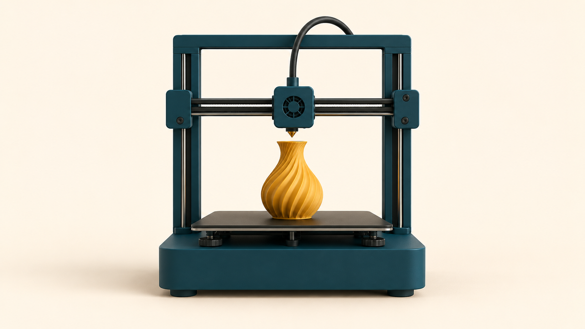 Illustration d’une imprimante 3D fabriquant un vase doré sur fond clair.