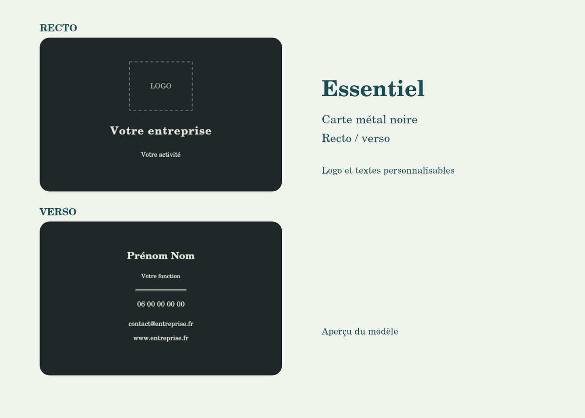 Carte métal personnalisée — Essentiel — aperçu du modèle recto verso