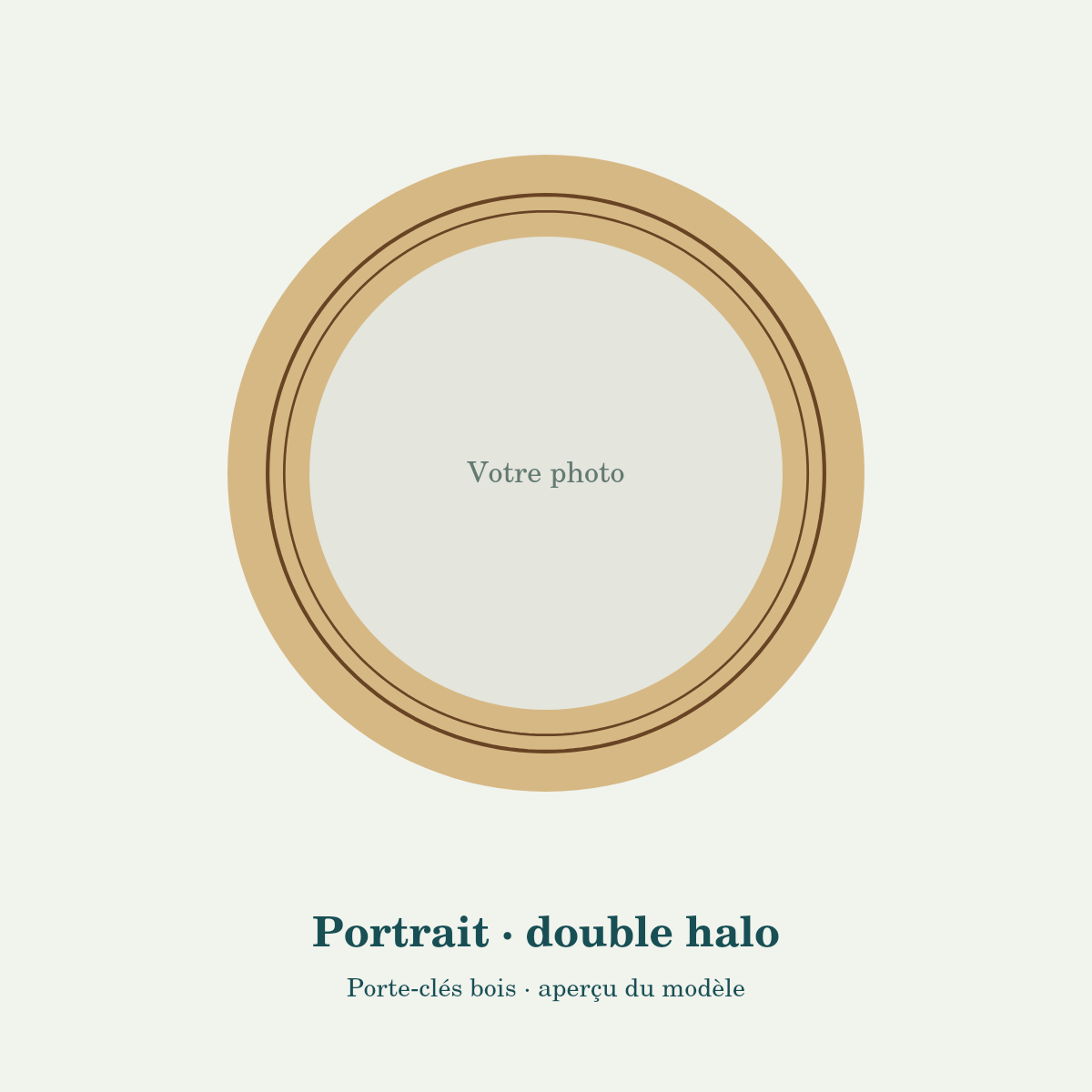 Porte-clés bois personnalisé — Portrait · double halo — aperçu de personnalisation